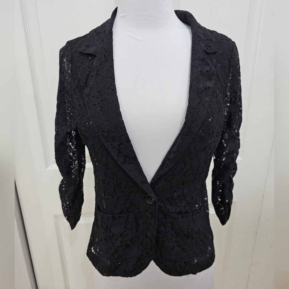 Rue 21 Black Sheer Lace Ruched Sleeve Single Button Blazer Jacket S